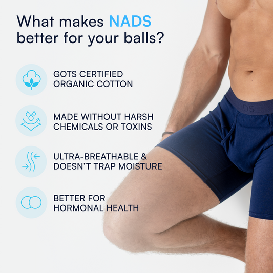 What makes NADS better for your balls?

GOTS Certified Organic Cotton, Made without harsh chemicals or toxins, ultra-breathable & doesn't trap moisture, better for hormonal health. 