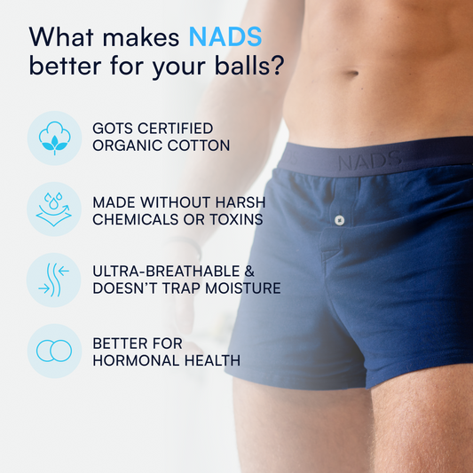 Man wearing navy NADS boxers with overlay text highlighting benefits: organic cotton, free from harsh chemicals, breathable fabric, and better for hormonal health.