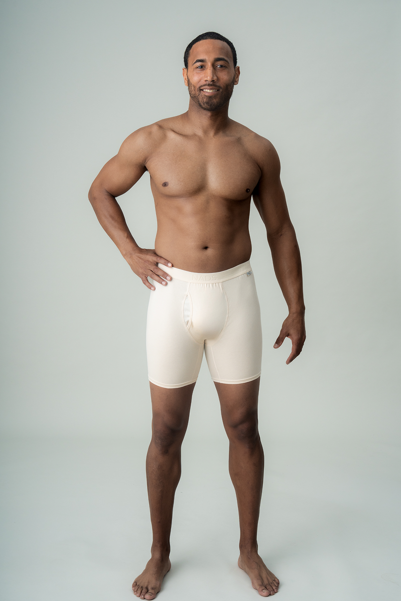 Man wearing undyed organic cotton boxer briefs